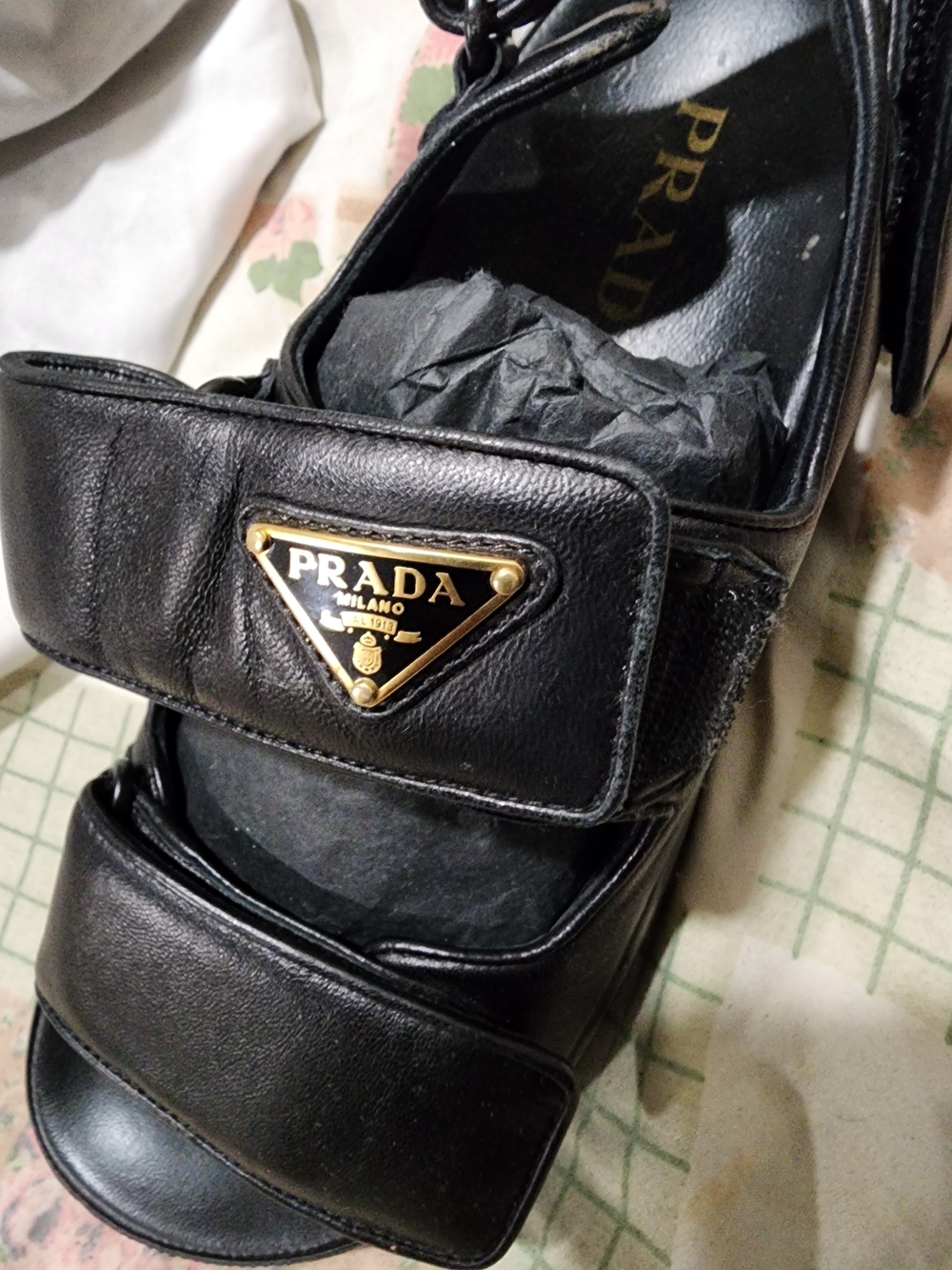 Prada Men’s Black Leather Velcro Sandal with Gold Logo Plaque Sz 39